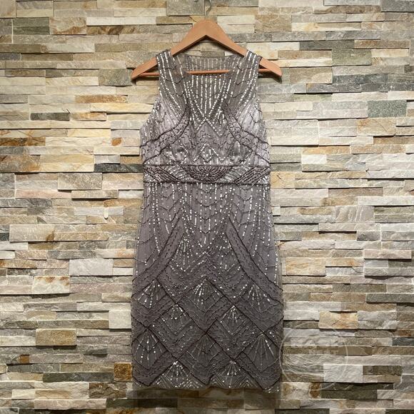 SUE WONG 12 Champagne Silver Beaded Sequin Bridal Formal Cocktail Evening Dress - Picture 6 of 16